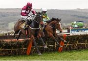 18 March 2016; Ivanovich Gorbatov, right, with Barry Geraghty up, jumps the last alongside Apple's Jade, with Bryan Cooper up, on their way to winning the JCB Triumph Hurdle. Prestbury Park, Cheltenham, Gloucestershire, England. Picture credit: Cody Glenn / SPORTSFILE