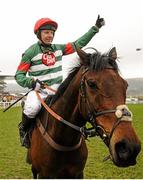 18 March 2016; Noel Fehily celebrates after winning the Albert Bartlett Novices' Hurdle on Unowhatimeanharry. Prestbury Park, Cheltenham, Gloucestershire, England. Picture credit: Seb Daly / SPORTSFILE