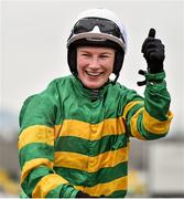 18 March 2016; Nina Carberry celebrates after winning the St. James’s Place Foxhunter Steeple Chase Challenge Cup on On The Fringe. Prestbury Park, Cheltenham, Gloucestershire, England. Picture credit: Seb Daly / SPORTSFILE