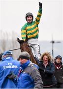 18 March 2016; Nina Carberry celebrates winning the St. James’s Place Foxhunter Steeple Chase Challenge Cup on On The Fringe. Prestbury Park, Cheltenham, Gloucestershire, England. Picture credit: Cody Glenn / SPORTSFILE