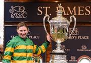18 March 2016; Nina Carberry with the Foxhunter Trophy after winning the St. James’s Place Foxhunter Steeple Chase Challenge Cup on On The Fringe. Prestbury Park, Cheltenham, Gloucestershire, England. Picture credit: Cody Glenn / SPORTSFILE
