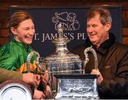 18 March 2016; Nina Carberry and Owner J.P. McManus with the Foxhunter Trophy after winning the St. James’s Place Foxhunter Steeple Chase Challenge Cup on On The Fringe. Prestbury Park, Cheltenham, Gloucestershire, England. Picture credit: Cody Glenn / SPORTSFILE