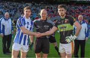 17 March 2016; Referee Conor Lane with the two captains Darragh Nelson, Ballyboden St Endas, and Rory Byrne, Castlebar Mitchels, before the game. AIB GAA Football All-Ireland Senior Club Championship Final, Ballyboden St Endas, Dublin, v Castlebar Mitchels, Mayo. Croke Park, Dublin. Picture credit: Ray McManus / SPORTSFILE