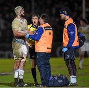 18 March 2016; Mick Kearney with Dr. John Ryan, Leinster team doctor, and Leinster physiotherapist Karl Denvir, right. Guinness PRO12 Round 9 Refixture, Glasgow Warriors v Leinster. Scotstoun Stadium, Glasgow, Scotland. Picture credit: Stephen McCarthy / SPORTSFILE
