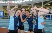 19 March 2016; From left, Miriam Daly, Laura Whelan, Rachel Walsh, and Rosanne Fitzgerald, Carrick-on-Suir A.C., Co. Tipperary, after winning the Girl's Under 16 4x200m Relay, at the GloHealth Indoor National Championships Juvenile Track & Field. AIT, Athlone, Co. Westmeath. Photo by Sportsfile