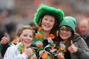13 March 2010; Ireland supporters Ailbhe O'Toole, Ailis Loughnane and Natasha Kumagai, from Loughrea, Co. Galway, make their way to the game. RBS Six Nations Rugby Championship, Ireland v Wales, Croke Park, Dublin. Picture credit: Stephen McCarthy / SPORTSFILE