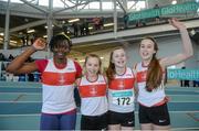 19 March 2016; From left, Sarah Agboola, Emma Moore, Emer Rowe, and Sinead Duggan, Galway City Harriers, after winning the Girl's Under 14 4x200M Relay, at the GloHealth Indoor National Championships Juvenile Track & Field. AIT, Athlone, Co. Westmeath. Photo by Sportsfile