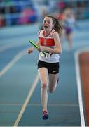 19 March 2016; Emer Rowe, Galway City Harriers, on her way to winning the Girl's Under 14 4x200M Relay, at the GloHealth Indoor National Championships Juvenile Track & Field. AIT, Athlone, Co. Westmeath. Photo by Sportsfile