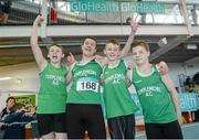 19 March 2016; From left, Cian Ryan, Kyle Dooley, Mark Carroll, and Armand Schoeman, Templemore A.C., Co. Tipperary, after winning the Boy's Under 14 4x200M Relay, at the GloHealth Indoor National Championships Juvenile Track & Field. AIT, Athlone, Co. Westmeath. Photo by Sportsfile