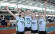 19 March 2016; From left, Kate Farrelly, Katie O'Regan, Grace Coyle and Nicole Butterly, Riverstick Kinsale A.C., Co. Cork, after winning the Girl's Under 12 4x100M Relay, at the GloHealth Indoor National Championships Juvenile Track & Field. AIT, Athlone, Co. Westmeath. Photo by Sportsfile
