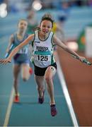 19 March 2016; Katie O'Regan, Riverstick Kinsale A.C., Co. Cork, on her way to winning the Girl's Under 12 4x100M Relay, at the GloHealth Indoor National Championships Juvenile Track & Field. AIT, Athlone, Co. Westmeath. Photo by Sportsfile
