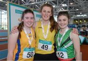 19 March 2016; Girls Under 17 Shot Put medalists, from left, bronze medalist Shauna McMahon, Blackrock A.C., Co. Louth, Gold medalist Marguerite Furlong, Adamstown A.C., Co. Wexford, and silver medalist Vickie Cusack, Liscarroll A.C., Co. Cork, at the GloHealth Indoor National Championships Juvenile Track & Field. AIT, Athlone, Co. Westmeath. Photo by Sportsfile