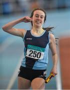 19 March 2016; Miriam Daly, Carrick-on-Suir A.C., Co. Tipperary, on her way to winning the Girl's Under 19 4x200M relay, at the GloHealth Indoor National Championships Juvenile Track & Field. AIT, Athlone, Co. Westmeath. Photo by Sportsfile