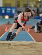 19 March 2016; Gareth Crawford, Lifford Strabane A.C., County Donegal, competing in the Boy's Under 18 Triple Jump, during the GloHealth Indoor National Championships Juvenile Track & Field. AIT, Athlone, Co. Westmeath. Photo by Sportsfile