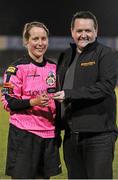 `19 March 2016; Tina Hughes, Galway WFC, is presented with the Player of the Match Award by Darren Donohue, Advanced Pitstop. Continental Tyres Women's National League, Shelbourne Ladies FC v Galway WFC, Morton Stadium, Santry, Co. Dublin. Picture credit: Sam Barnes / SPORTSFILE