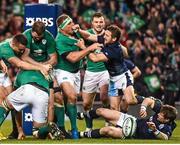 19 March 2016; Nathan White, Ireland, tussles with Greig Laidlaw, Scotland, following an Ireland try. RBS Six Nations Rugby Championship, Ireland v Scotland. Aviva Stadium, Lansdowne Road, Dublin. Picture credit: Ramsey Cardy / SPORTSFILE