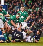 19 March 2016; Nathan White, Ireland, tussles with Greig Laidlaw, Scotland, following an Ireland try. RBS Six Nations Rugby Championship, Ireland v Scotland. Aviva Stadium, Lansdowne Road, Dublin. Picture credit: Ramsey Cardy / SPORTSFILE