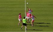 19 March 2016; Referee Maggie Farrelly throws in the ball between Briege Corkery, and Rena Buckley, both Cork and 2015 All Stars and Caroline O'Hanlon, Armagh and 2014 All Stars and Fiona McHale, Mayo and 2014 All Stars. TG4 Ladies Football All-Star Tour, 2014 All Stars v 2015 All Stars. University of San Diego, Torero Stadium, San Diego, California, USA. Picture credit: Brendan Moran / SPORTSFILE