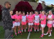 19 March 2016; Former Miami Dolphin NFL football player  Roberto Wallace speaks to Ladies All Stars, from left, Ciara Hegarty, Donegal, Caroline Kelly, Kerry, Aislinn Desmond, Kerry, Sarah Houlihan, Kerry, Lyndsay Davey, Dublin, Geraldine McLaughlin, Donegal, Niamh McEvoy, Dublin, Noelle Healy, Dublin, Annie Walsh, Cork, Valerie Mulcahy, Cork and Angela Walsh, Cork, after the game. TG4 Ladies Football All-Star Tour, 2014 All Stars v 2015 All Stars. University of San Diego, Torero Stadium, San Diego, California, USA. Picture credit: Brendan Moran / SPORTSFILE