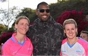 19 March 2016; Former Miami Dolphin NFL football player  Roberto Wallace with Mayo All Stars Cora Staunton, left, and Fiona McHale, Mayo, after the game. TG4 Ladies Football All-Star Tour, 2014 All Stars v 2015 All Stars. University of San Diego, Torero Stadium, San Diego, California, USA. Picture credit: Brendan Moran / SPORTSFILE