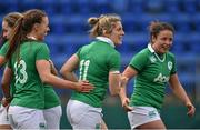 20 March 2016; Alison Miller, Ireland, centre, is congratulated by teammates, Claire McLaughlin, left, and Larissa Muldoon, right, after scoring her team's first try of the match. Women's Six Nations Rugby Championship, Ireland v Scotland. Donnybrook Stadium, Donnybrook, Dublin. Picture credit: Seb Daly / SPORTSFILE