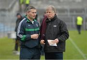 20 March 2016; Limerick manager TJ Ryan in conversation with TG4 analyist Donal O'Grady before the game. Allianz Hurling League, Division 1B, Round 5, Clare v Limerick. Cusack Park, Ennis, Co. Clare. Picture credit: Diarmuid Greene / SPORTSFILE
