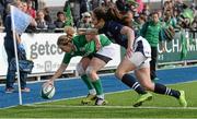 20 March 2016; Niamh Briggs, Ireland, holds off Scotland's Rhona Lloyd to score her team's sixth try of the match. Women's Six Nations Rugby Championship, Ireland v Scotland. Donnybrook Stadium, Donnybrook, Dublin. Picture credit: Seb Daly / SPORTSFILE