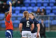 20 March 2016; Referee Sherry Trumbull shows a yellow card to Scotland's Jemma Forsyth, centre, as captain Lisa Martin looks on. Women's Six Nations Rugby Championship, Ireland v Scotland. Donnybrook Stadium, Donnybrook, Dublin. Picture credit: Seb Daly / SPORTSFILE