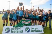20 March 2016; Ulster Elks celebrate with the cup after the game. Irish Senior Women's Cup Final, Ards v Ulster Elks, National Hockey Stadium, UCD, Belfield, Dublin. Photo by Sportsfile