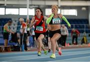 20 March 2016; Geraldine Finegan, North East Runners A.C., right, on her way to winning the 50+ women's 60m, during the GloHealth Master Indoor Championships, ahead of  Carol Kearney, Lucan Harriers A.C., who finished third. AIT, Athlone, Co. Westmeath. Picture credit: Sam Barnes / SPORTSFILE