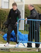 16 March 2010; Ireland's head coach Declan Kidney moves a barrier for team captain Brian O'Driscoll as they arrive for squad training ahead of their RBS Six Nations Rugby Championship match against Scotland on Saturday. RDS, Ballsbridge, Dublin. Picture credit: Brendan Moran / SPORTSFILE