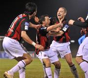 16 March 2010; Bohemians' Rafaelle Cretaro, centre, celebrates with team-mates, Killian Brennan, left, and Glen Cronin, after scoring his side's second goal. Airtricity League Premier Division, UCD v Bohemians, UCD Bowl, Belfield, Dublin. Picture credit: Brian Lawless / SPORTSFILE
