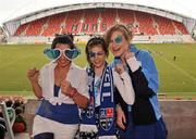 17 March 2010; Rockwell College supporters, from left, Jenna Belghafria, Mimi Lane, and Michaela Kavanagh cheer on their team before the game. Munster Schools Senior Cup Final, Rockwell College v PBC, Thomond Park, Limerick. Picture credit: Diarmuid Greene / SPORTSFILE