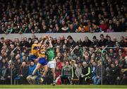 20 March 2016; John Conlon and Aaron Cunningham, Clare, in action against Richie McCarthy, Limerick. Allianz Hurling League, Division 1B, Round 5, Clare v Limerick. Cusack Park, Ennis, Co. Clare. Picture credit: Diarmuid Greene / SPORTSFILE