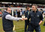 20 March 2016; Clare manager Davy Fitzgerald and Limerick manager TJ Ryan exchange a handshake after the game. Allianz Hurling League, Division 1B, Round 5, Clare v Limerick. Cusack Park, Ennis, Co. Clare. Picture credit: Diarmuid Greene / SPORTSFILE