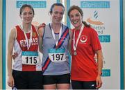 20 March 2016; 35+ women's 800m medallists, from left, bronze medallist, Mary Cahill, Ennis Track A.C., gold medallist, Justine O'Connell Urell, Dundrum South Dublin A.C., and silver medallist, Erin McHugh, Drogheda and District A.C., during the GloHealth Master Indoor Championships. AIT, Athlone, Co. Westmeath. Picture credit: Sam Barnes / SPORTSFILE