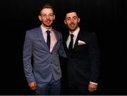 20 March 2016; Brighton and Hove Albion's Richie Towell, right, with Dundalk's Andy Boyle, before the 3 FAI International Soccer Awards. 3 FAI International Soccer Awards. RTE, Donnybrook, Dublin. Picture credit: David Maher / SPORTSFILE
