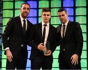 20 March 2016; Republic of Ireland's Jaysom Molumby is presented with the 3 FAI Under 16 International Player of the Year by Republic of Ireland Internationals Richard Keogh and Seamus Coleman. 3 FAI International Soccer Awards. RTE, Donnybrook, Dublin. Picture credit: David Maher / SPORTSFILE