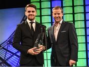 20 March 2016; Republic of Ireland's Robbie Brady is presented with the 3 FAI International Young player of the year Award by Gavin McAllister , PR & Sponsorship Manager at Three Ireland. 3 FAI International Soccer Awards. RTE, Donnybrook, Dublin. Picture credit: David Maher / SPORTSFILE