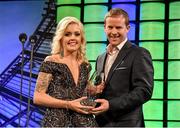 20 March 2016; Republic of Ireland's Denise O'Sullivan is presented with the 3 FAI Senior Women's International Player of the Year award by Gavin McAllister, PR & Sponsorship Manager at Three Ireland. 3 FAI International Soccer Awards. RTE, Donnybrook, Dublin. Picture credit: David Maher / SPORTSFILE