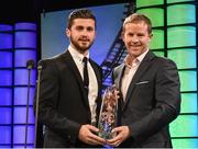 20 March 2016; Republic of Ireland's Shane Long is presented with the 3 FAI Senior International goal of the year Award by Gavin McAllister, PR & Sponsorship Manager at Three Ireland. 3 FAI International Soccer Awards. RTE, Donnybrook, Dublin. Picture credit: David Maher / SPORTSFILE
