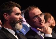 20 March 2016; Republic of Ireland manager Martin O'Neill, right, and asisstant manager Roy Keane watch on during the awards. 3 FAI International Soccer Awards. RTE, Donnybrook, Dublin. Picture credit: David Maher / SPORTSFILE