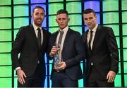 20 March 2016; Republic of Ireland's Alan Browne, is presented with the 3 FAI Under 21 International Player of the Year by Republic of Ireland International's Richard Keogh and Seamus Coleman  . 3 FAI International Soccer Awards. RTE, Donnybrook, Dublin. Picture credit: David Maher / SPORTSFILE