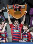 17 March 2010; Ballymena Academy Captain, George Dennison, holds aloft the Schools Cup trophy. Northern Bank Schools Cup Final, Ballymena Academy v Belfast Royal Academic, Ravenhill Park, Belfast, Co. Antrim. Picture credit: Oliver McVeigh / SPORTSFILE