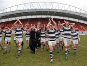 17 March 2010; PBC players led by joint captains Niall Scannell, centre, and David O'Mahony applaud their supporters after victory over Rockwell College. Munster Schools Senior Cup Final, Rockwell College v PBC, Thomond Park, Limerick. Picture credit: Diarmuid Greene / SPORTSFILE