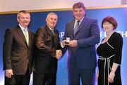 16 March 2009; John Hughes, Geevagh GAA Club, Co. Sligo, is presented with a GAA President's Award by Uachtarán CLG Criostóir Ó Cuana, in the company of Pol O Gallchoir, TG4, and Joanne Lee, Head of Internal Cummunications, AIB. For many years in Sligo, John Hughes has become renowned for his work in his home parish of Geevagh and the Cumann na mBunscol organisation in Sligo. He has been come to be known as ‘Mr. Cumann na mBunscol’ in the county. GAA President’s Awards 2010, Croke Park, Dublin. Picture credit: Brendan Moran / SPORTSFILE