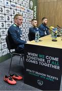 21 March 2016; Republic of Ireland's Jonny Hayes, Jack Byrne and Matt Doherty during a press conference. Republic of Ireland Press Conference. National Sports Campus, Abbotstown, Dublin.  Picture credit: David Maher / SPORTSFILE