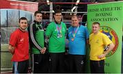 24 March 2016; Ireland's Olympic boxers have come out in force to show their support for Special Olympics Ireland ahead of the charity’s annual Collection Day next month on Friday, April 22nd. The boxers, who rank as some of Ireland’s most promising medal hopes at this summer’s Rio Olympics, welcomed athletes from Team Ireland to the Irish Athletic Boxing Association’s, IABA, High Performance Boxing Unit in Dublin yesterday, Wednesday 23rd. The boxers called on members of the public to dig deep on Collection Day, which is proudly supported by eir, as the charity seeks to raise €650,000 in 24 hours on April 22nd. Pictured are, from left to right, David Oliver Joyce, Athy, Co. Kildare, Senior Lightweight Champion and APB Boxer, Joe Ward, Moate, Co. Westmeath, European Champion and World Light-Heavyweight Silver medallist, Keith Butler, Walkinstown, Co. Dublin, Special Olympic 800m Swimming Gold medallist and fifth place in the 1500m Open Water, Mark Duffy, Tallaght, Co. Dublin, Special Olympic Bronze medalist in 11-a-side football, and Paddy Barnes, Belfast, Co. Antrim, European Champion, Commonwealth Gold Medalist and twice Olympic Bronze medallist. Boxing High Performance Unit, Dublin. Picture credit: Seb Daly / SPORTSFILE