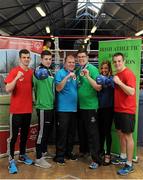 24 March 2016; Ireland's Olympic boxers have come out in force to show their support for Special Olympics Ireland ahead of the charity’s annual Collection Day next month on Friday, April 22nd. The boxers, who rank as some of Ireland’s most promising medal hopes at this summer’s Rio Olympics, welcomed athletes from Team Ireland to the Irish Athletic Boxing Association’s, IABA, High Performance Boxing Unit in Dublin yesterday, Wednesday 23rd. The boxers called on members of the public to dig deep on Collection Day, which is proudly supported by eir, as the charity seeks to raise €650,000 in 24 hours on April 22nd. Pictured are from left to right, Adam Nolan, Wexford, Co. Wexford, former Irish Welterweight Champion, Joe Ward, Moate, Co. Westmeath, European Champion and World Light-Heavyweight Silver Medalist, Mark Duffy, Tallaght, Co. Dublin, Special Olympics Bronze medalist in 11-a-side football, Keith Butler, Walkinstown, Co. Dublin, Special Olympics 800m Swimming Gold Medallist and fifth place in the 1500m Open Water, Michelle Toner, Head of CSR at eir, and Darren O’Neil, Kilkenny, Co. Kilkenny, current Senior Heavyweight Champion and European Silver Medalist. Boxing High Performance Unit, Dublin. Picture credit: Seb Daly / SPORTSFILE
