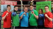 24 March 2016; Ireland's Olympic boxers have come out in force to show their support for Special Olympics Ireland ahead of the charity’s annual Collection Day next month on Friday, April 22nd. The boxers, who rank as some of Ireland’s most promising medal hopes at this summer’s Rio Olympics, welcomed athletes from Team Ireland to the Irish Athletic Boxing Association’s, IABA, High Performance Boxing Unit in Dublin yesterday, Wednesday 23rd. The boxers called on members of the public to dig deep on Collection Day, which is proudly supported by eir, as the charity seeks to raise €650,000 in 24 hours on April 22nd. Pictured are from left to right, Adam Nolan, Wexford, Co. Wexford, former Irish Welterweight Champion, Joe Ward, Moate, Co. Westmeath, European Champion and World Light-Heavyweight Silver Medallist, Mark Duffy, Tallaght, Co. Dublin, Special Olympics Bronze medallist in 11-a-side football, Keith Butler, Walkinstown, Co. Dublin, Special Olympics 800m Swimming Gold Medallist and fifth place in the 1500m Open Water, Michelle Toner, Head of CSR at eir, and Darren O’Neill, Kilkenny, Co. Kilkenny, current Senior Heavyweight Champion and European Silver Medallist. Boxing High Performance Unit, Dublin. Picture credit: Seb Daly / SPORTSFILE